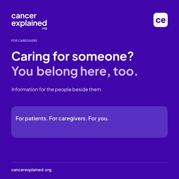 Violet graphic reading Caring for someone? You belong here, too.