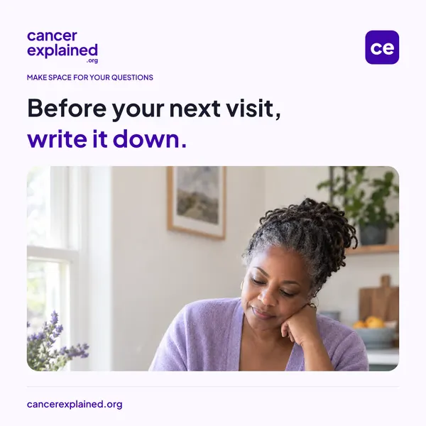 A woman writes in a notebook beside a window. Text: Before your next visit, write it down.