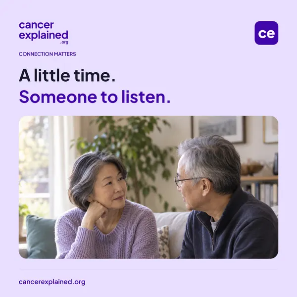 Two older adults having an attentive conversation on a sofa. Text: A little time. Someone to listen.