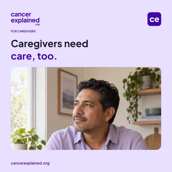 A man holding a mug looks thoughtfully toward a window. Text: Caregivers need care, too.
