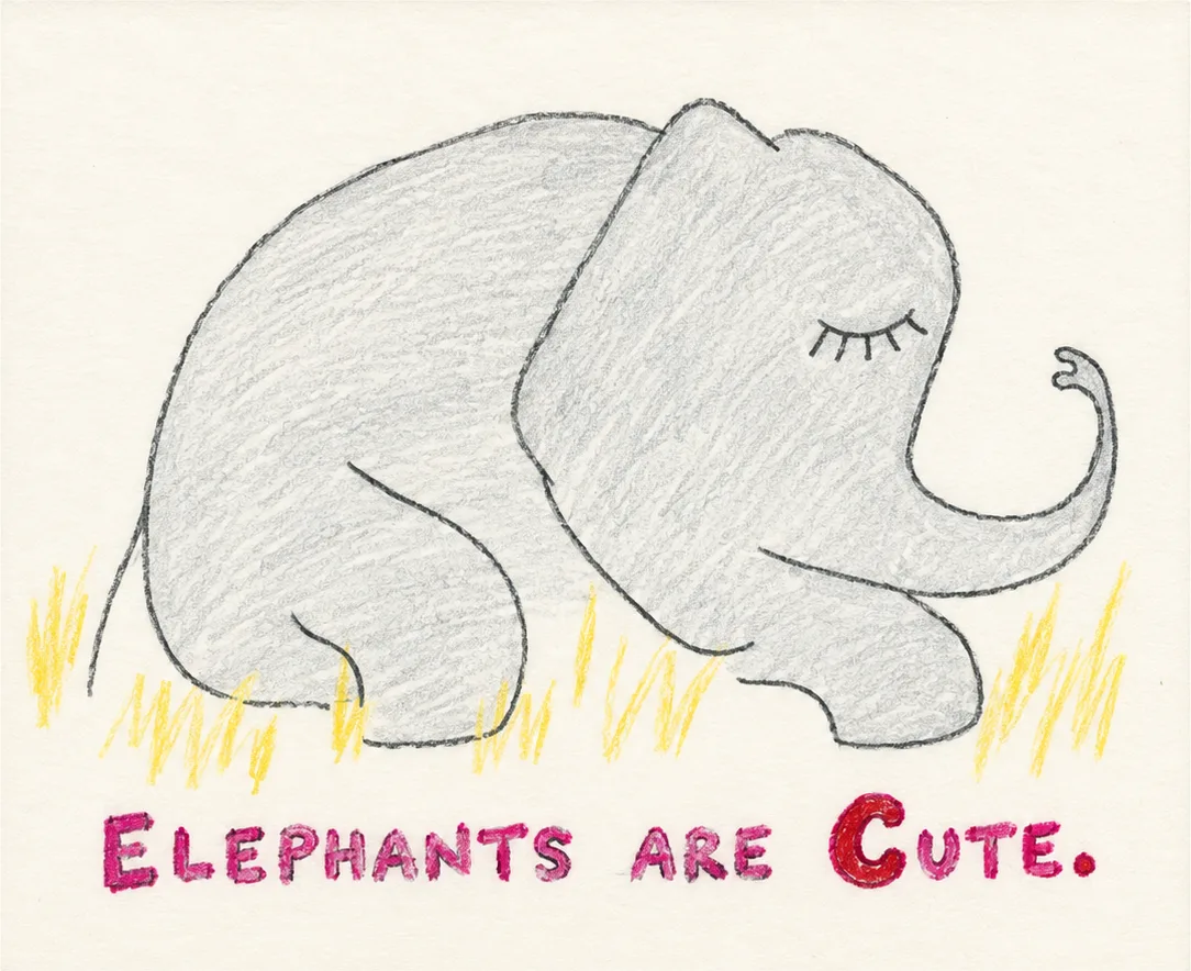 Illustrated page: Elephants are cute.
