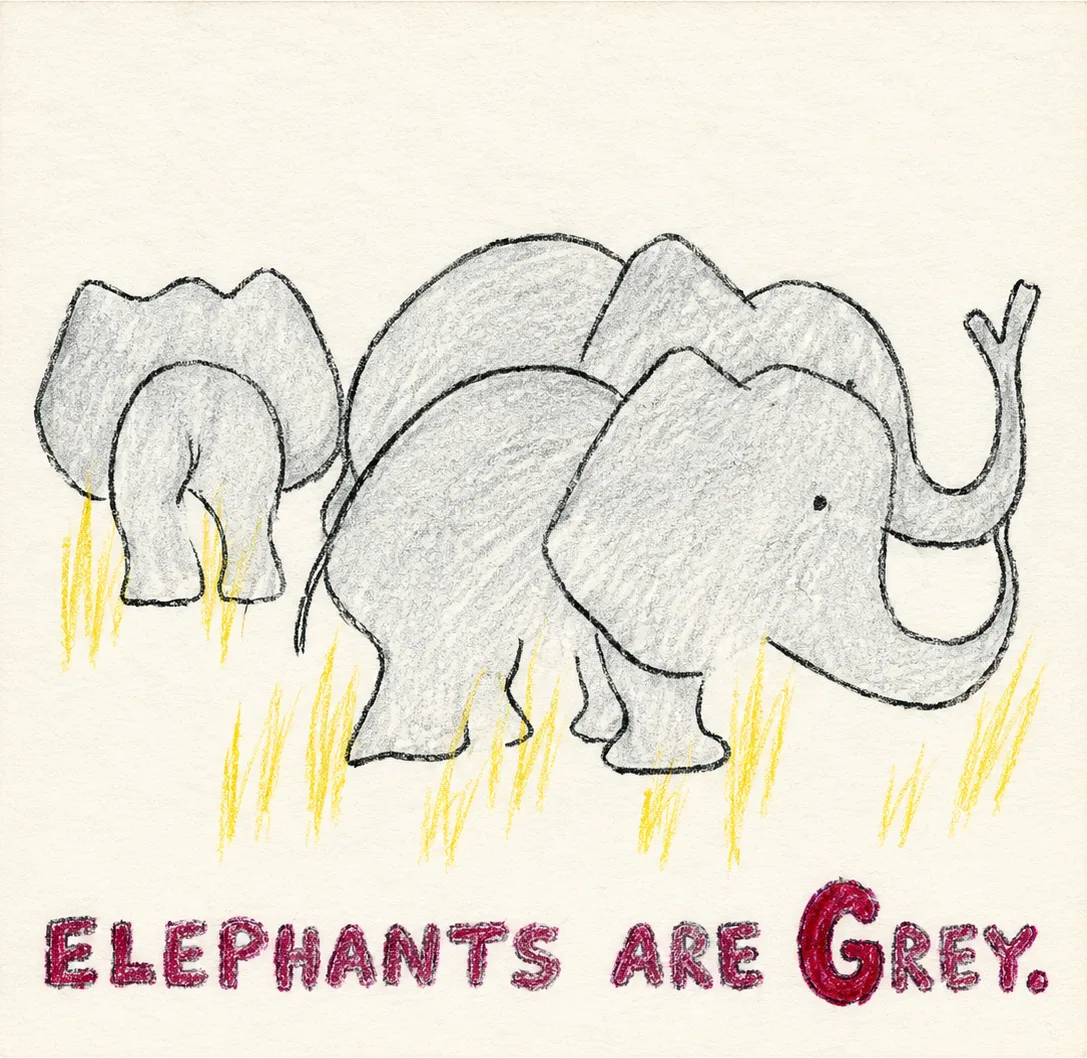 Illustrated page: Elephants are grey.