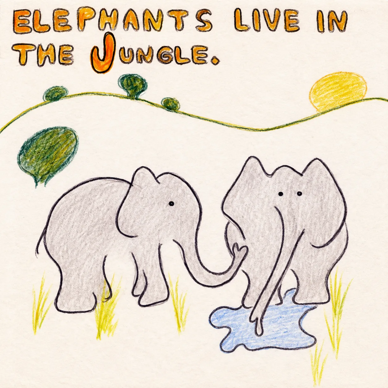 Illustrated page: Elephants live in the jungle.