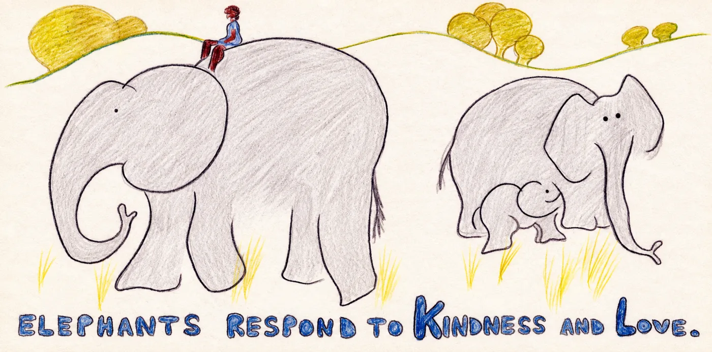 Illustrated page: Elephants respond to kindness and love.