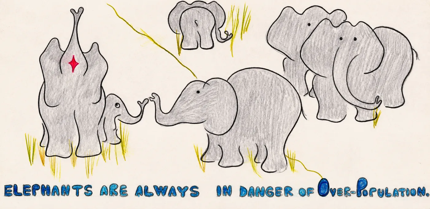 Illustrated page: Elephants are always in danger of over-population.