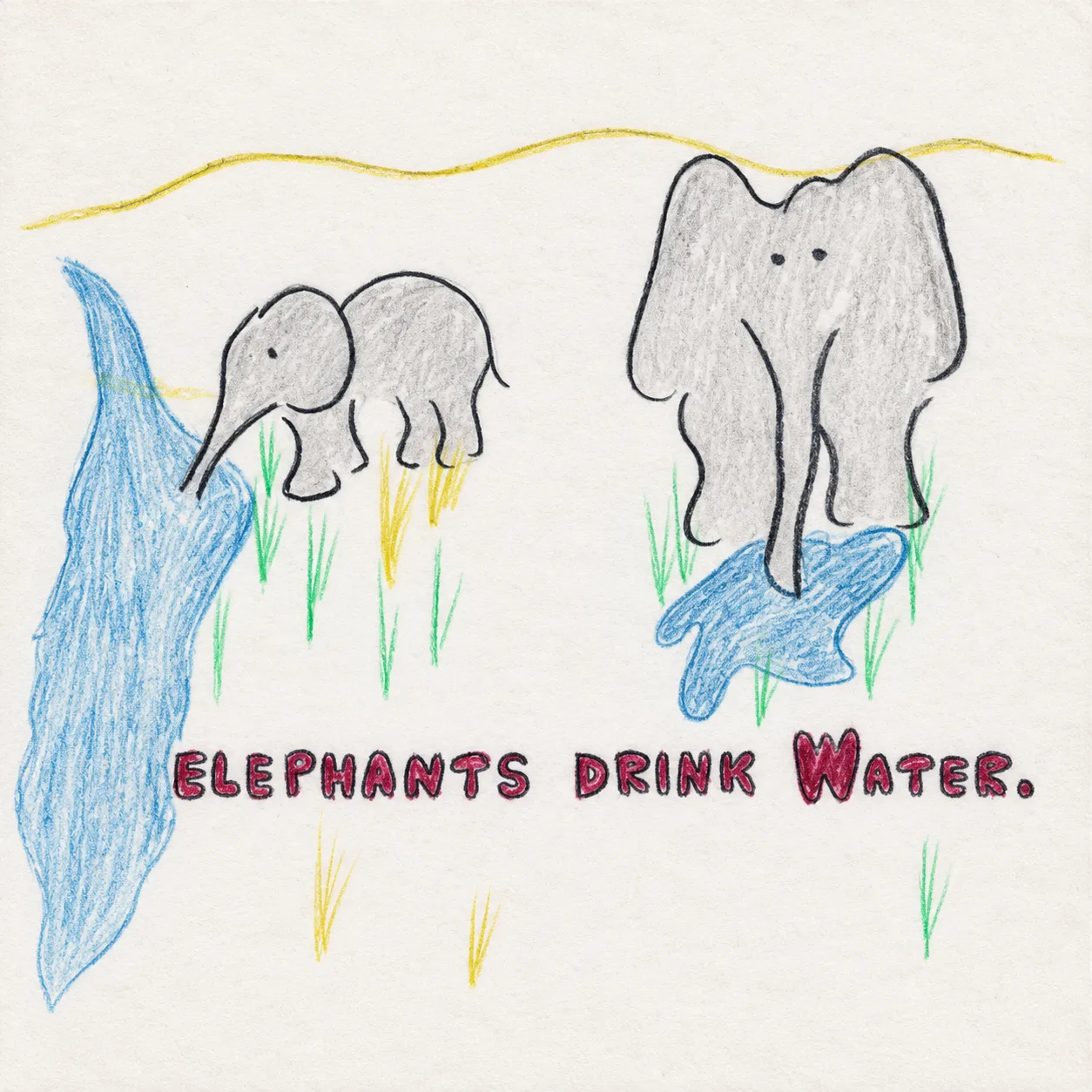 Illustrated page: Elephants drink water.