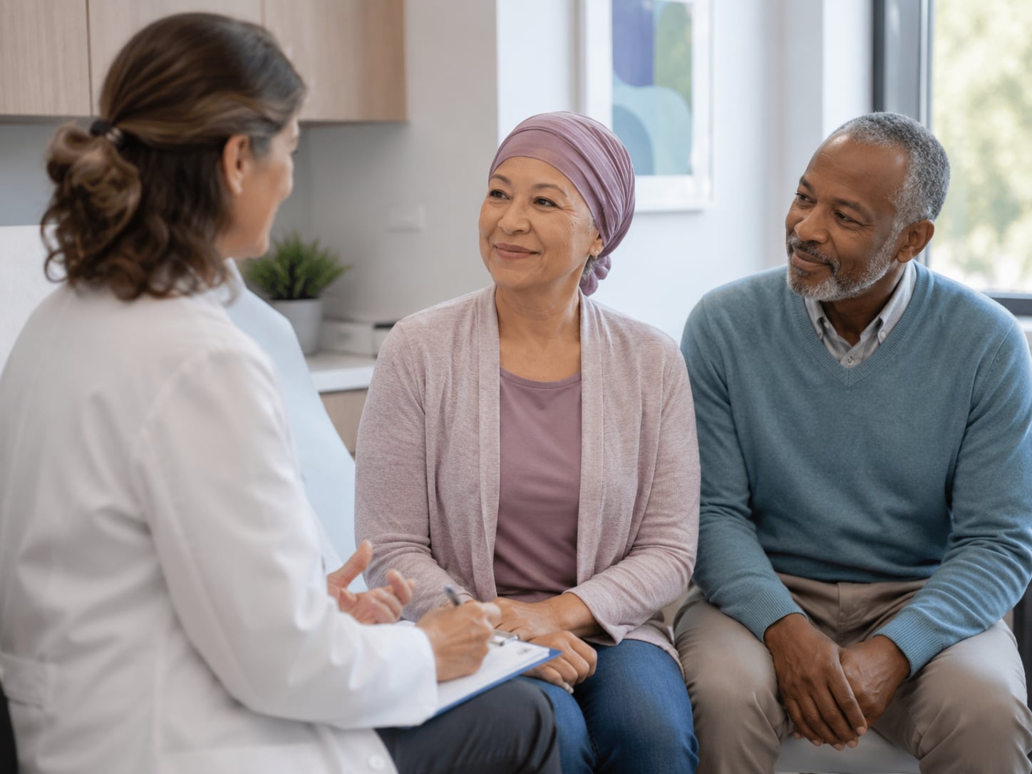 A woman in headscarf and older man converse with a female clinician in a clinic room