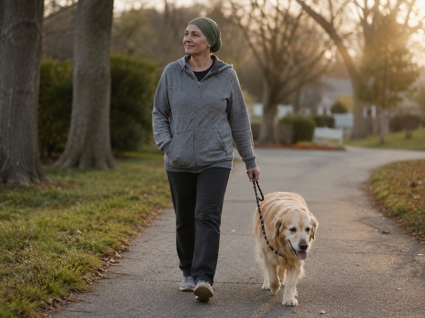 An older woman walks a golden retriever on a quiet suburban road, alone