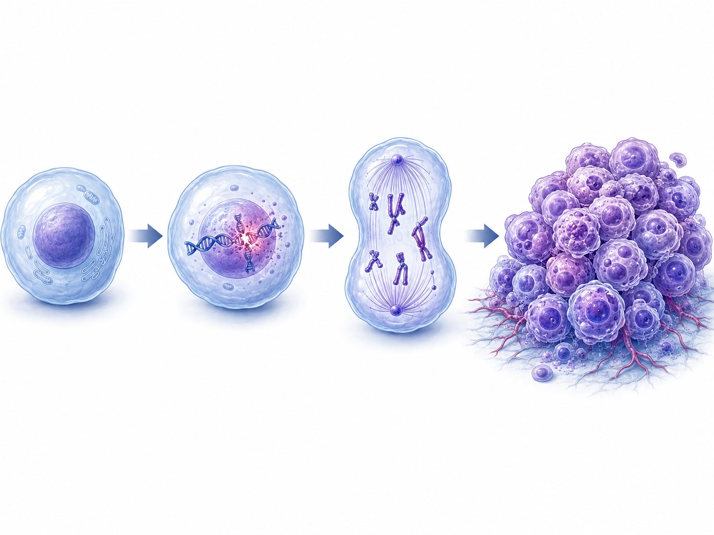 An illustration: four-panel sequence of a cell dividing and mutating into a cluster of purple cancer cells