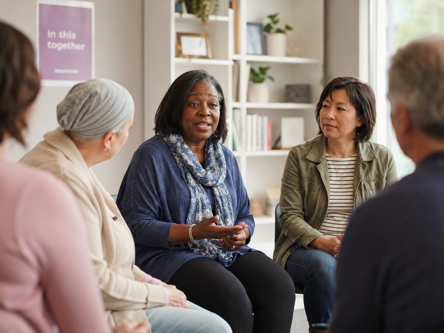 A woman in headscarf sits in a support-group circle talking with two older women indoors