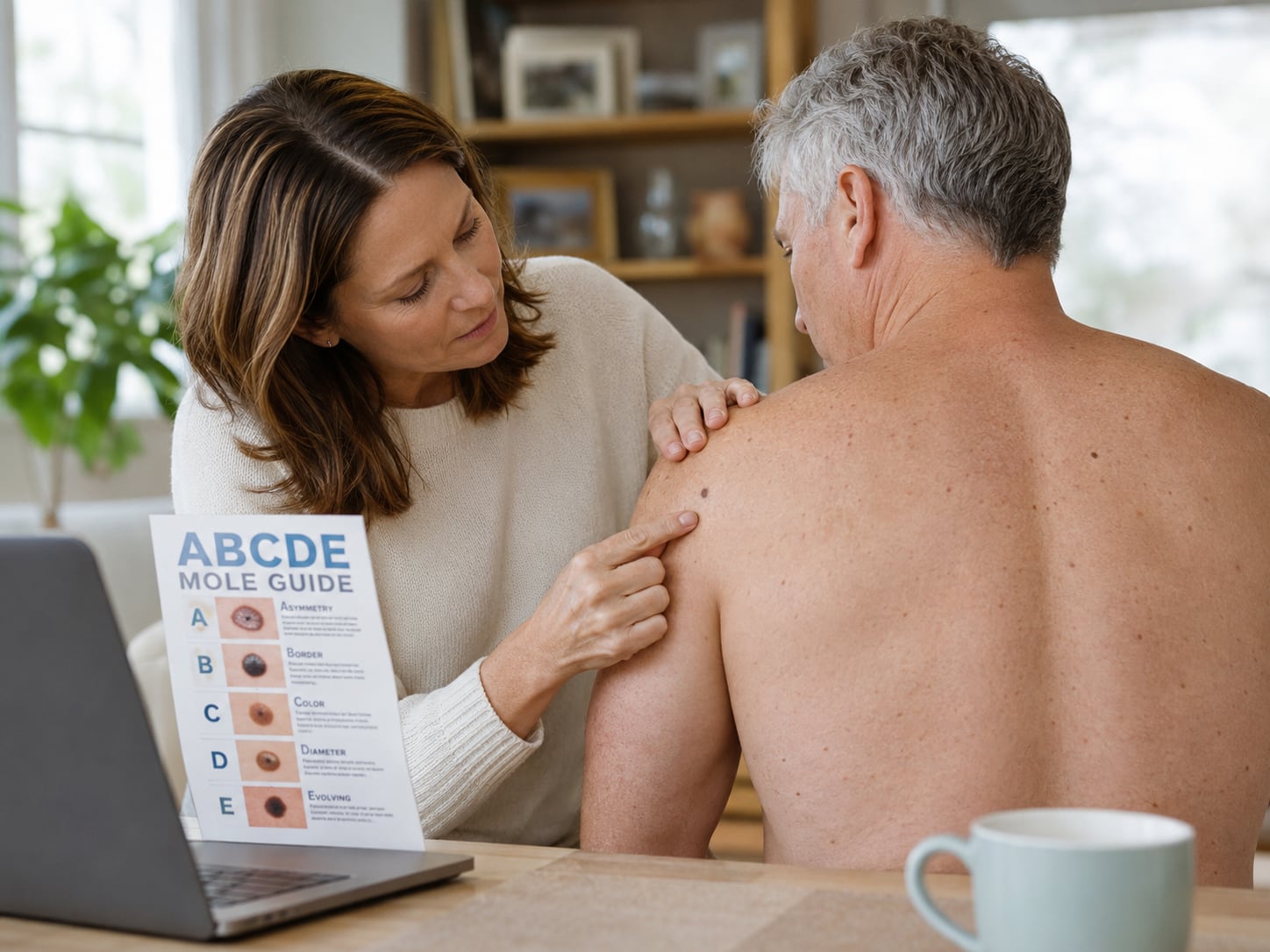 A female doctor examines an older man's bare back and shoulder beside an ABCDE mole-guide poster