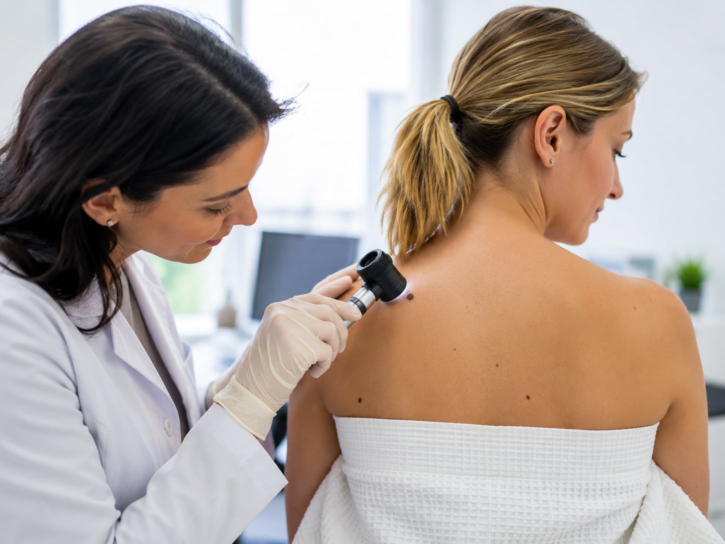 A female doctor examines a woman's bare back with a dermatoscope in an exam room