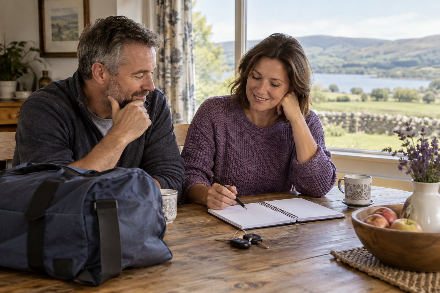 A couple sit together at a kitchen table with a packed travel bag and car keys, planning a trip, with rolling countryside visible through the window.