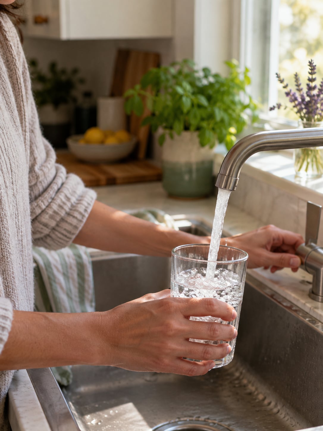 Close-up of a glass being filled with tap water at a kitchen sink in morning light.