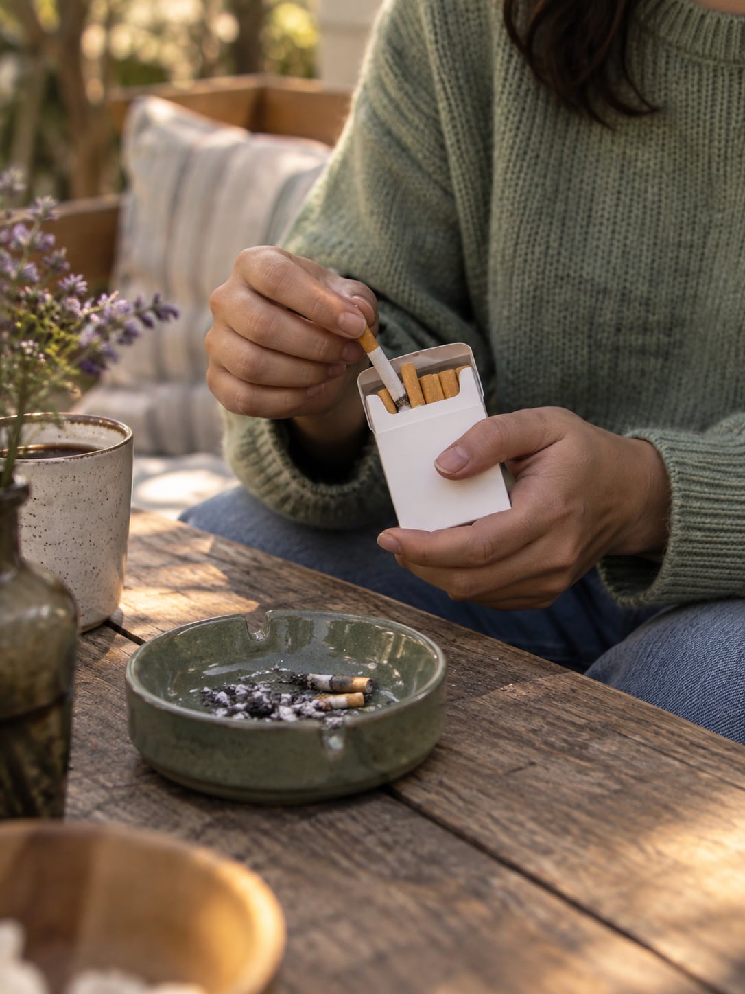 Close-up of hands holding a plain unbranded cigarette box, ashtray nearby.