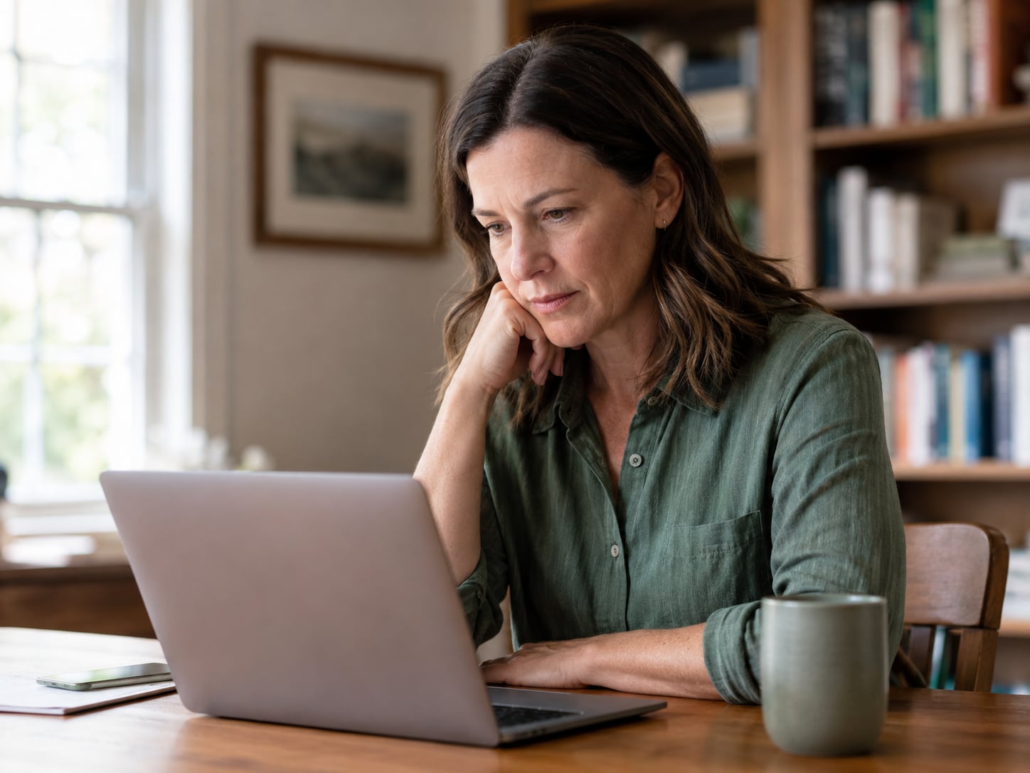 A woman sits on a couch with a laptop, resting her head on her hand, looking tired