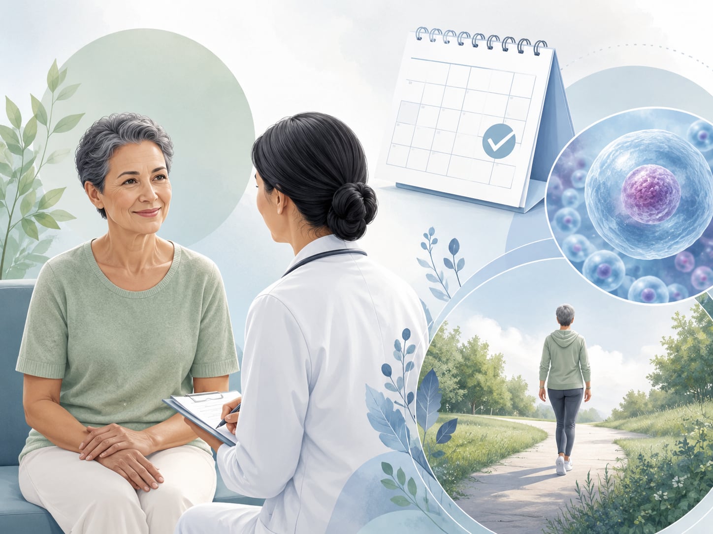 A composite image: illustration of a woman in headscarf talking with a doctor overlaid with a cancer-cell graphic and calendar icons