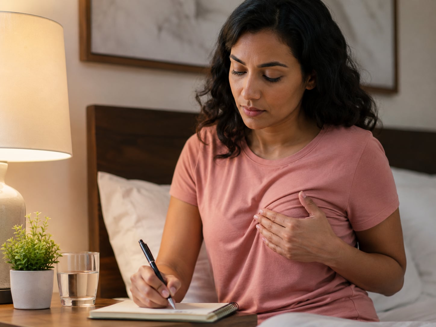 A woman lies in bed clutching her chest, appearing in discomfort during self-exam
