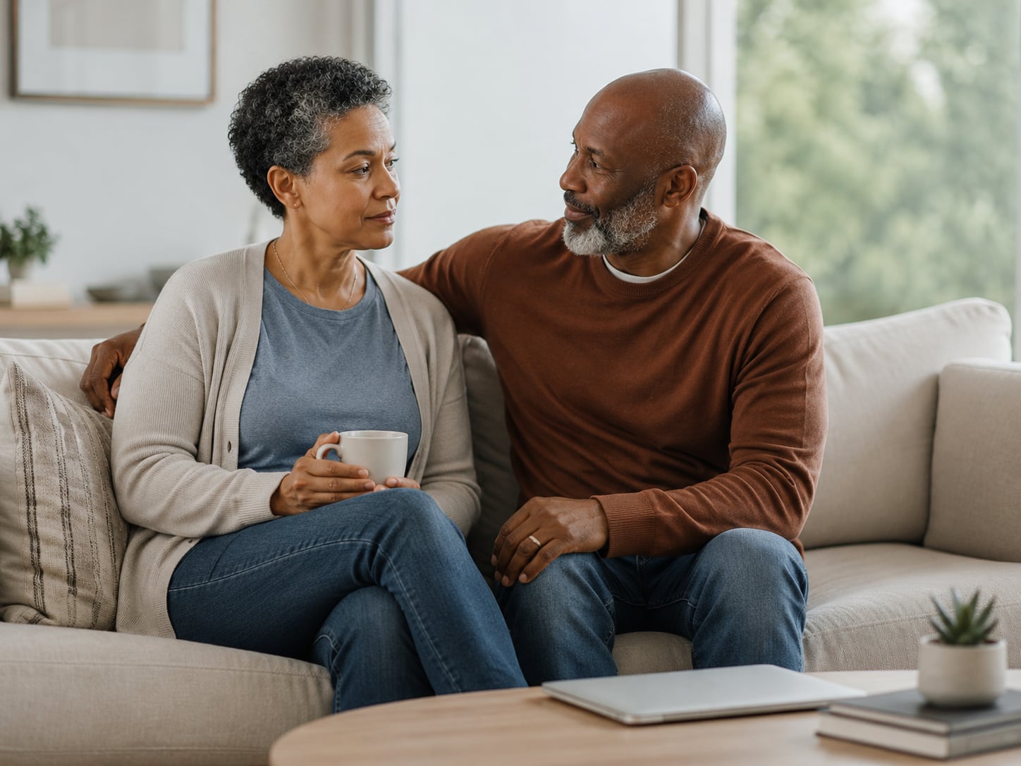 An older couple sit together on a couch, woman in headscarf holding a mug, affectionate