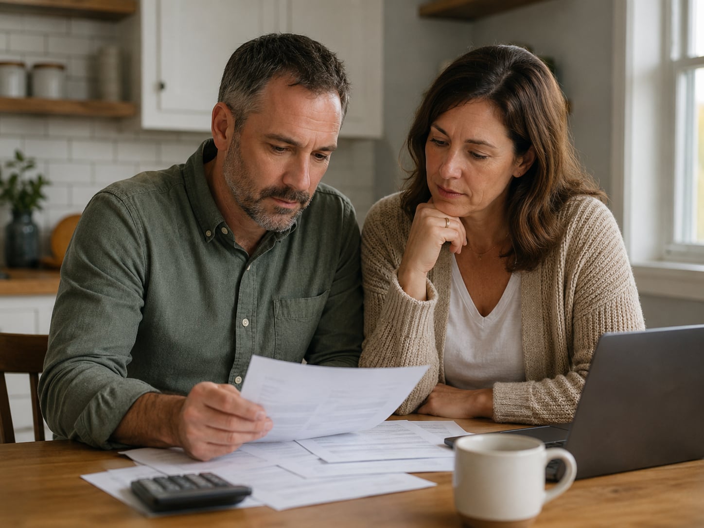 A man and woman review a printed document together at a table with concerned expressions