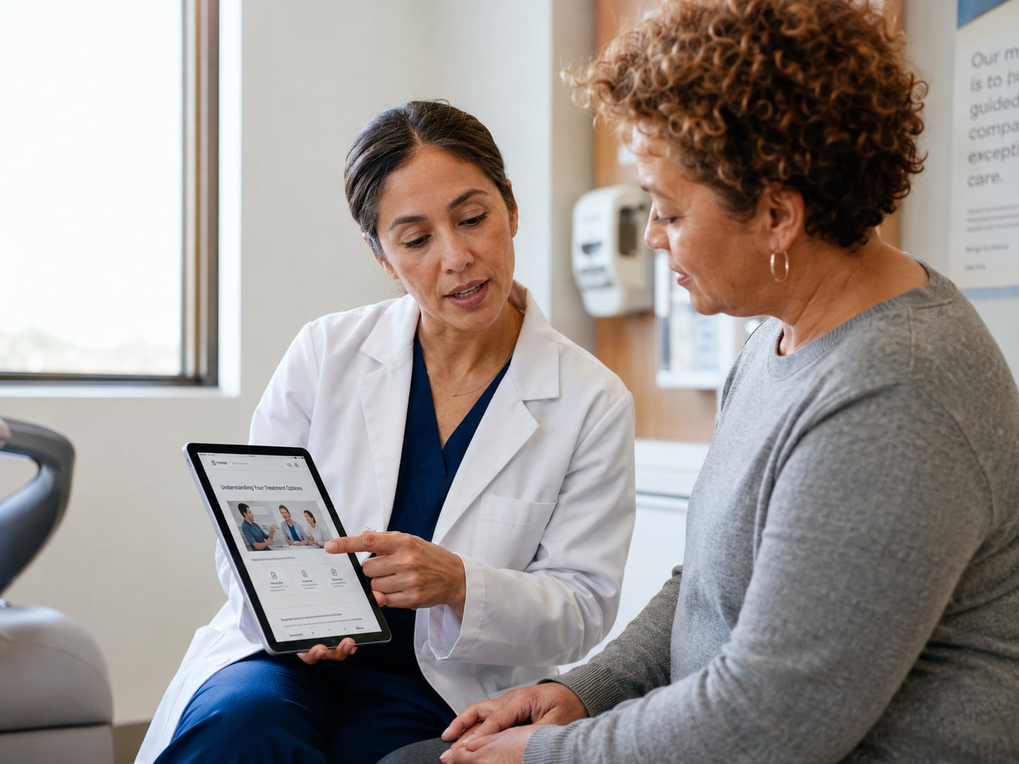 A female doctor shows a tablet screen to an older woman patient in a clinic room