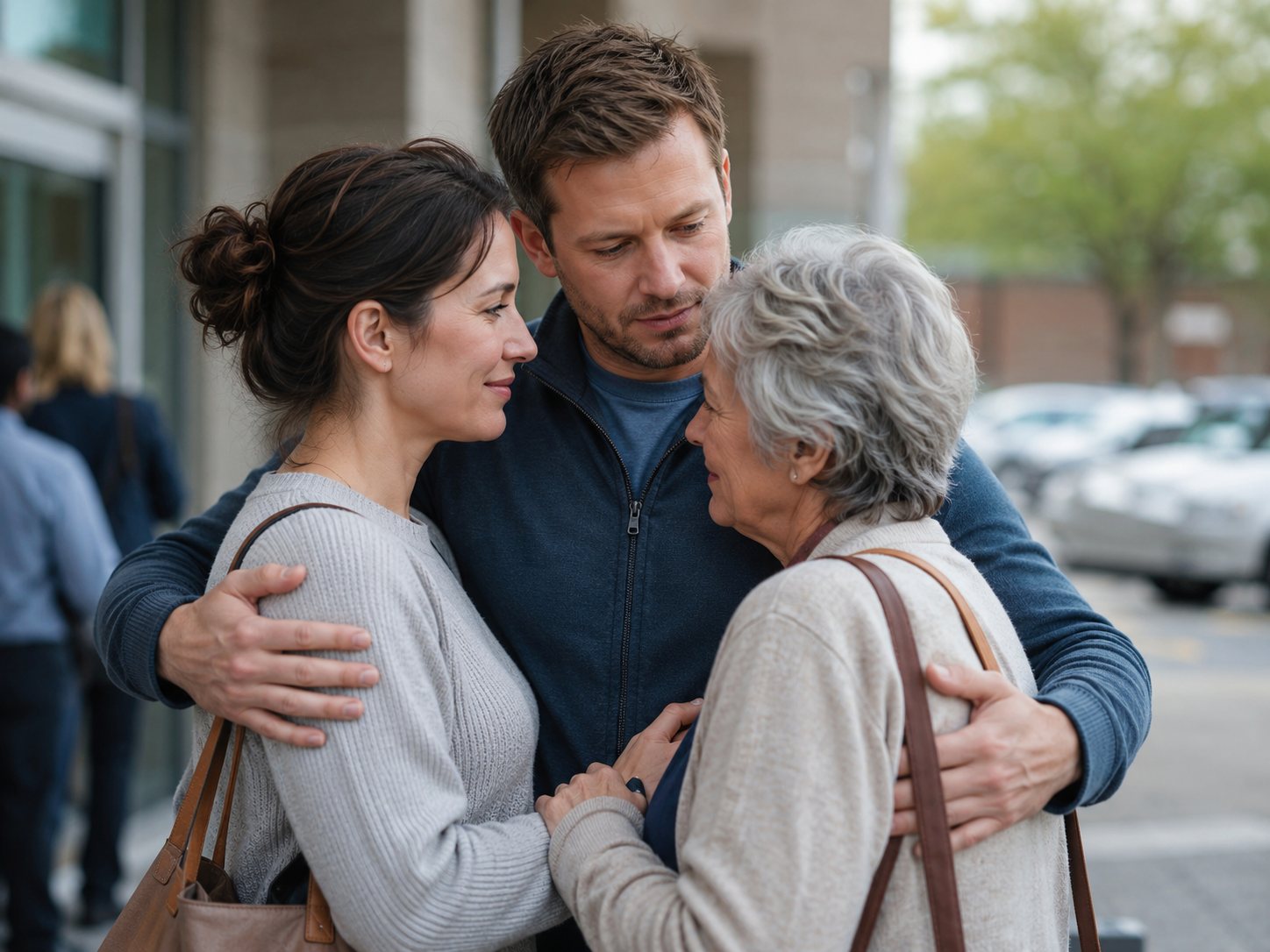 Man embraces a younger woman and an older woman outside a glass-fronted medical building and parking lot.