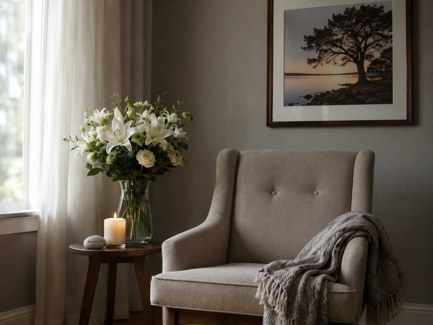 An empty upholstered armchair with a grey throw beside a table holding a lit candle, an inscribed stone and a vase of white lilies.