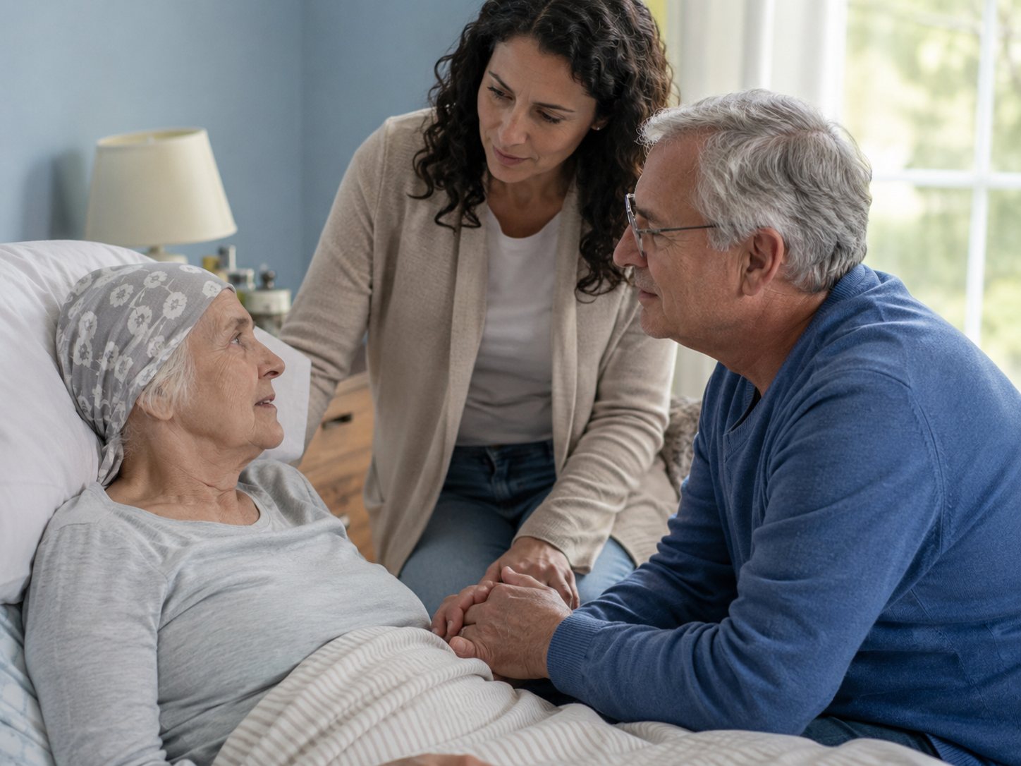 Elderly woman in bed holds hands with a seated older man as a younger woman leans in beside them.