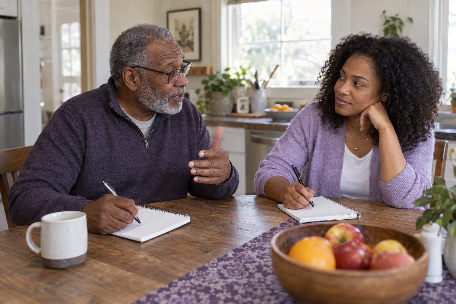 An older man talks while his adult daughter listens and writes in a notebook at the kitchen table.