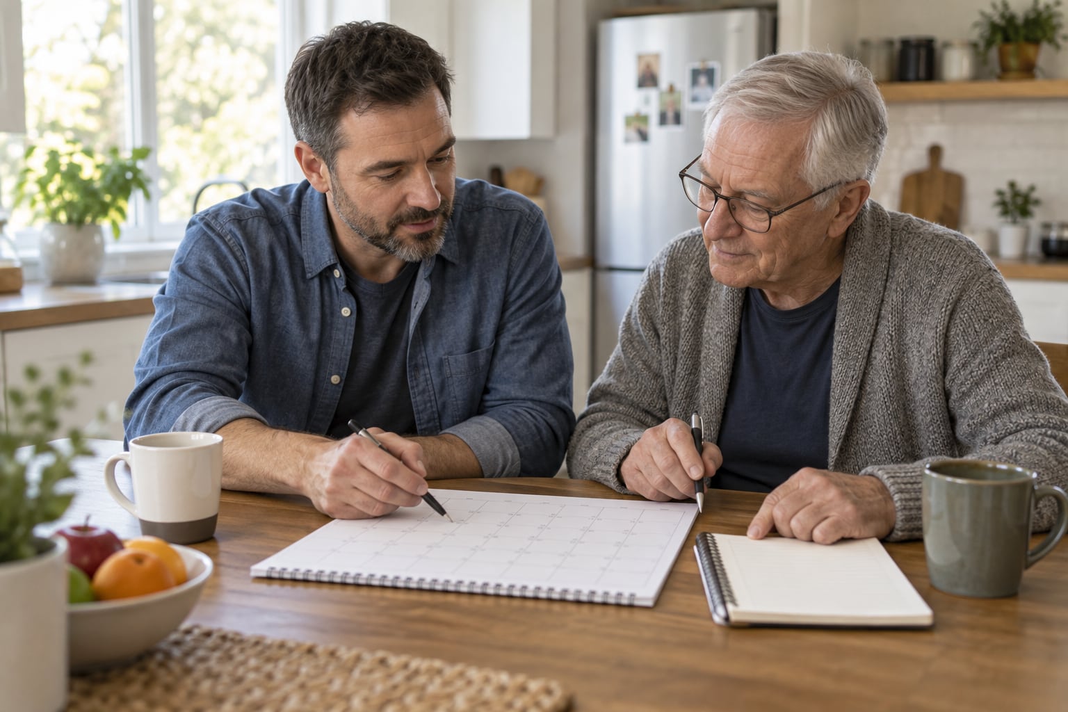 A middle-aged man helps an older man mark dates on a calendar at a kitchen table.