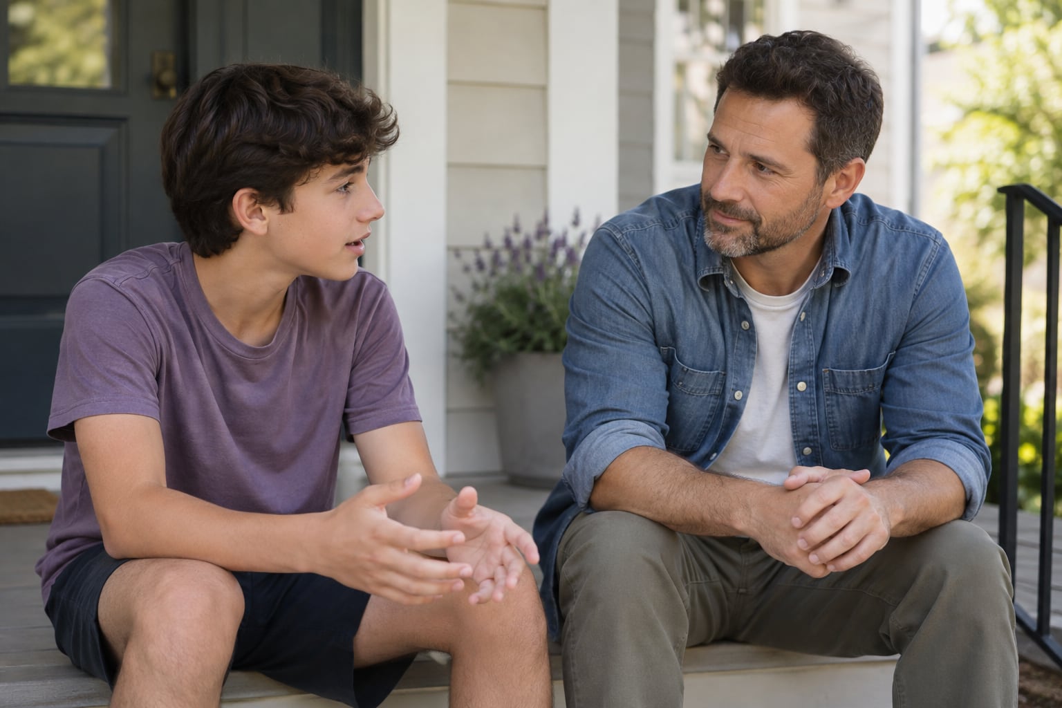 A father listens closely to his teenage son while they sit together on the front porch steps.