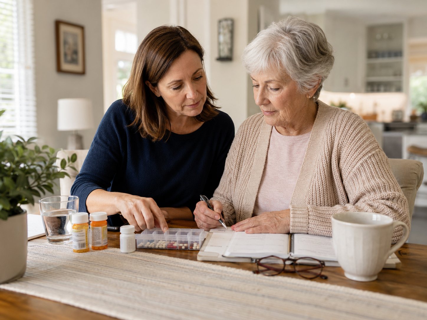Younger woman helps an older woman fill a weekly pill organiser at a dining table with prescription bottles.