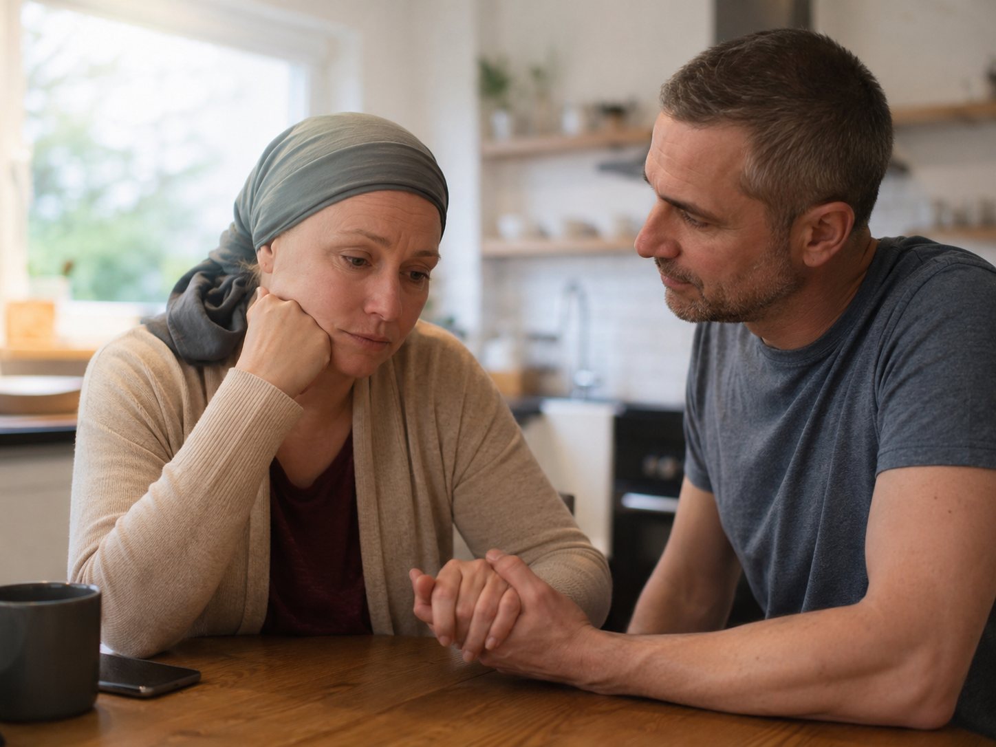 Man holds the hand of a woman in a head wrap as they sit together at a kitchen table.