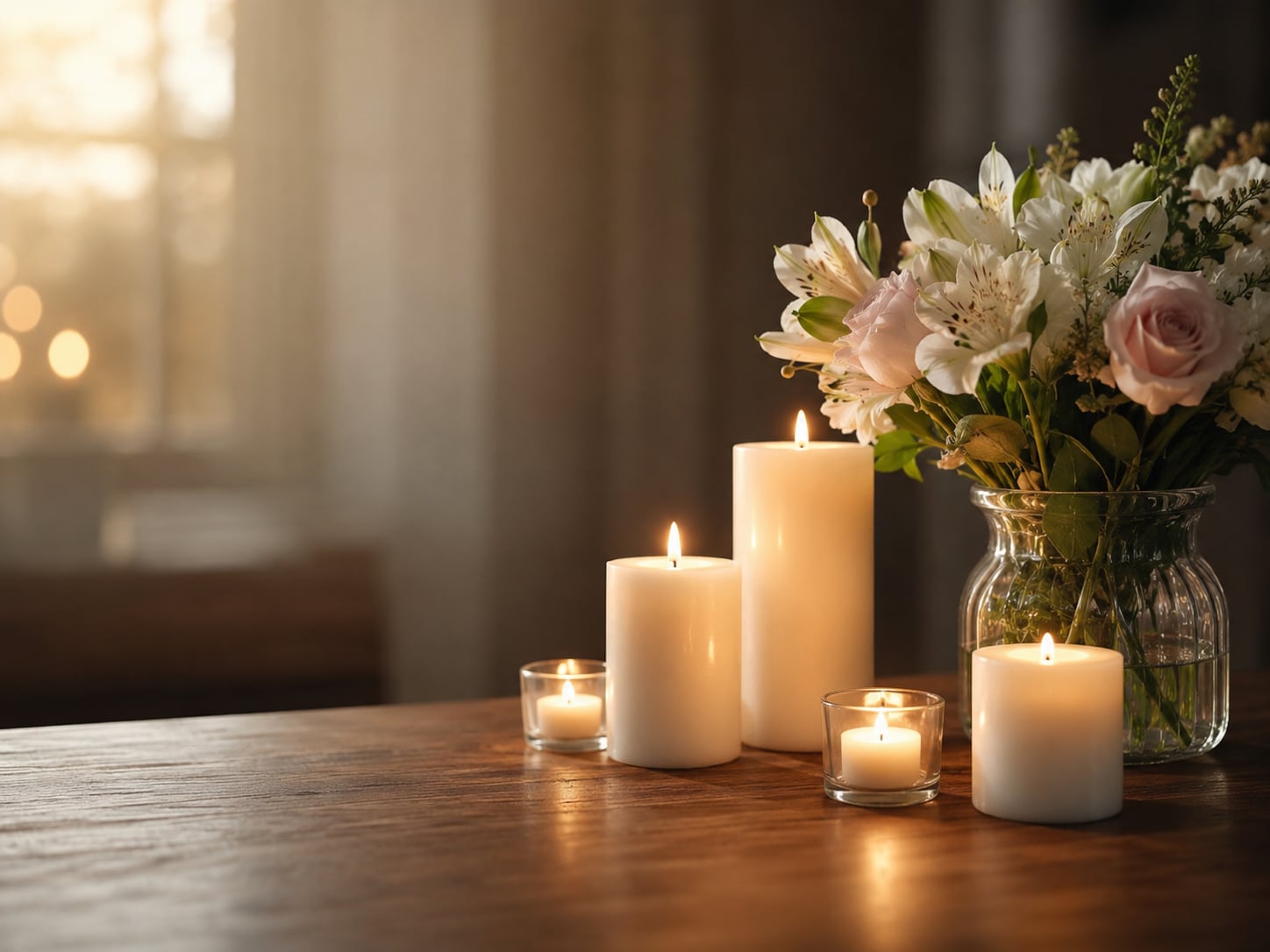 Three pillar candles and two tealights burn on a wooden table beside a glass vase of white and pink flowers in front of a sunlit window.