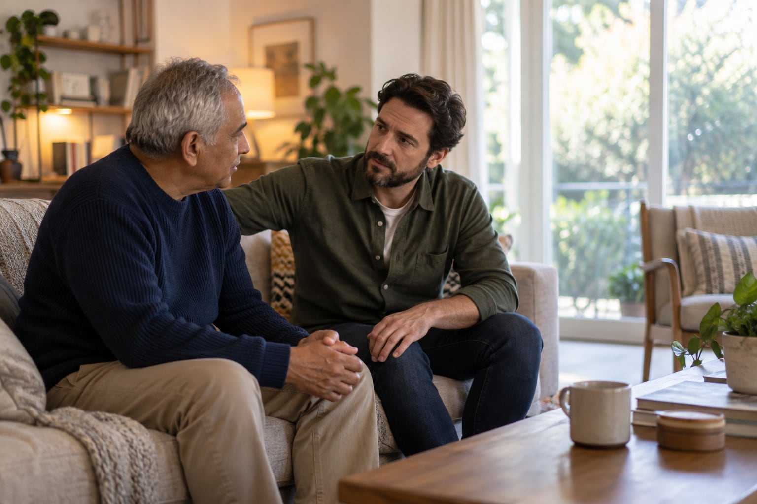 Two men sit together on a couch in a living room having a supportive conversation.