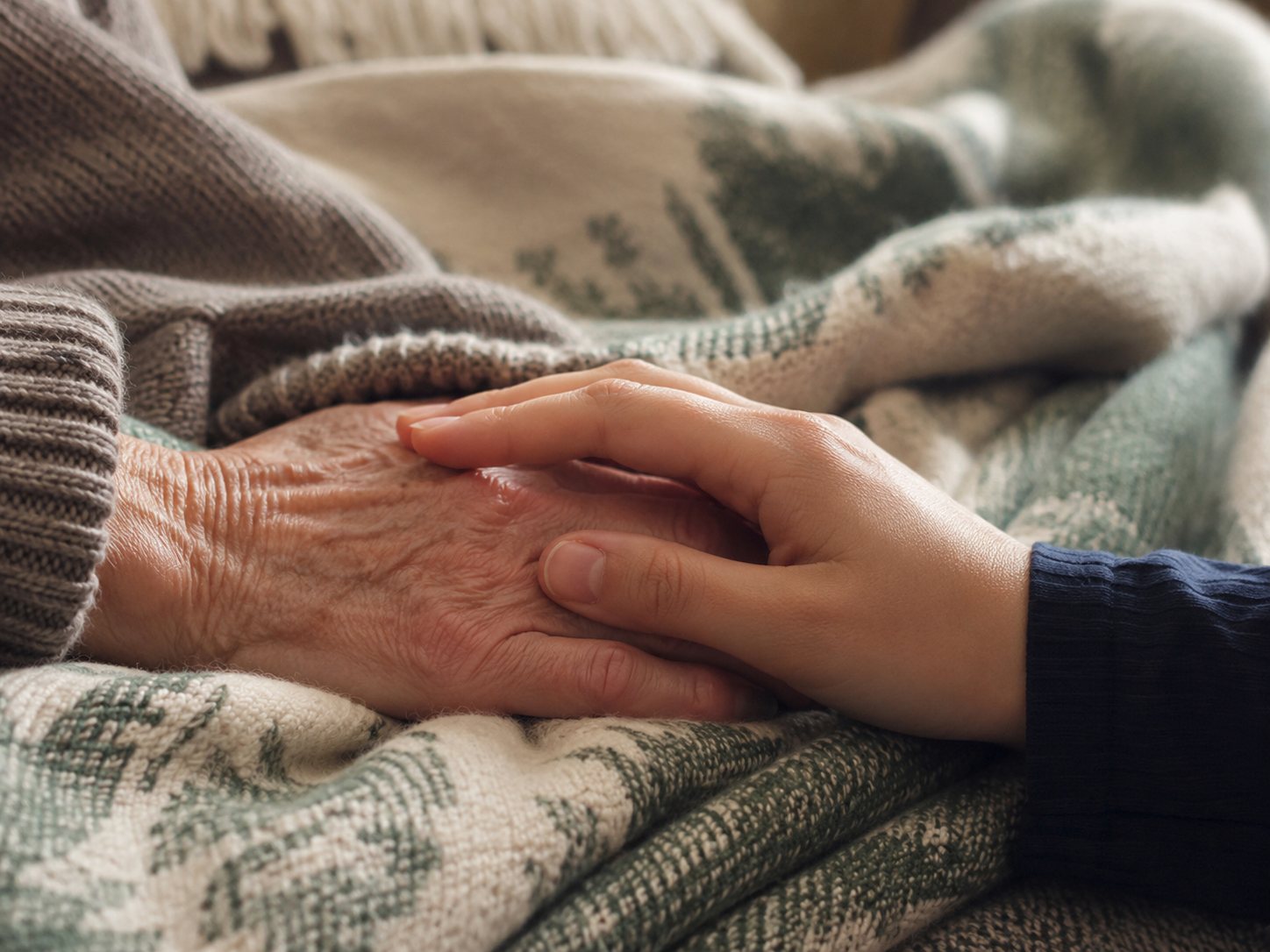 A younger hand rests over an older, lined hand on a knitted blanket, no faces in frame