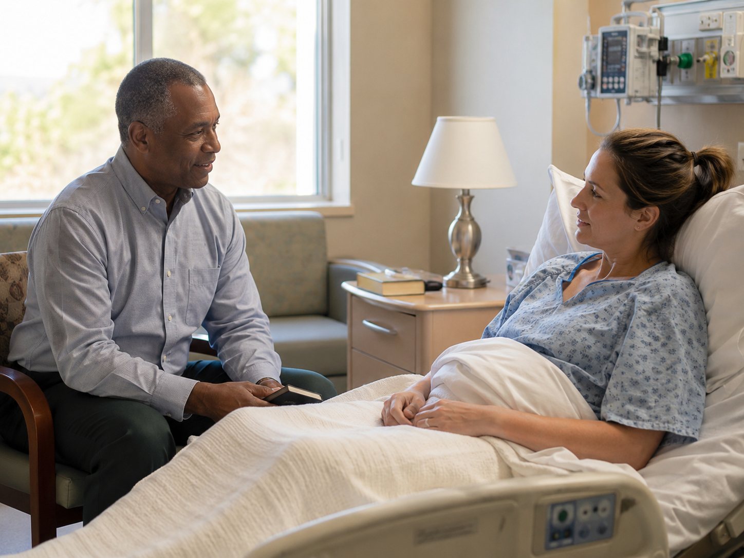 A man sits in a chair beside a hospital bed talking with a woman propped up under a blanket