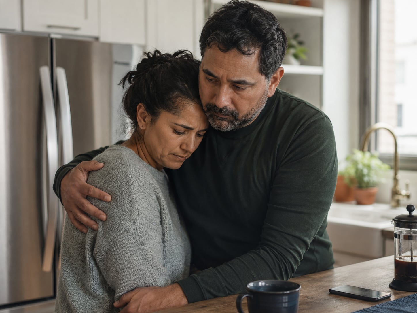 A man embraces a woman comfortingly in a home hallway or kitchen