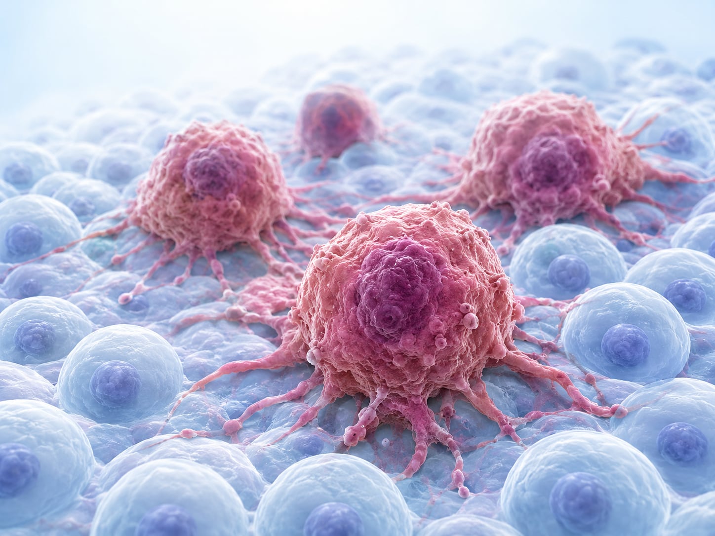 An illustration: 3D render of pink and red cancer cells clustered among white blood cells