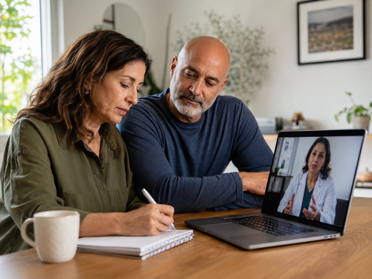 A couple sit together at home on a telehealth video call with a doctor on a laptop screen