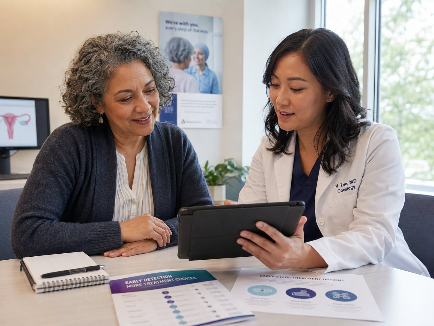 A female doctor shows a tablet to an older woman patient in a clinic room with medical charts on the wall