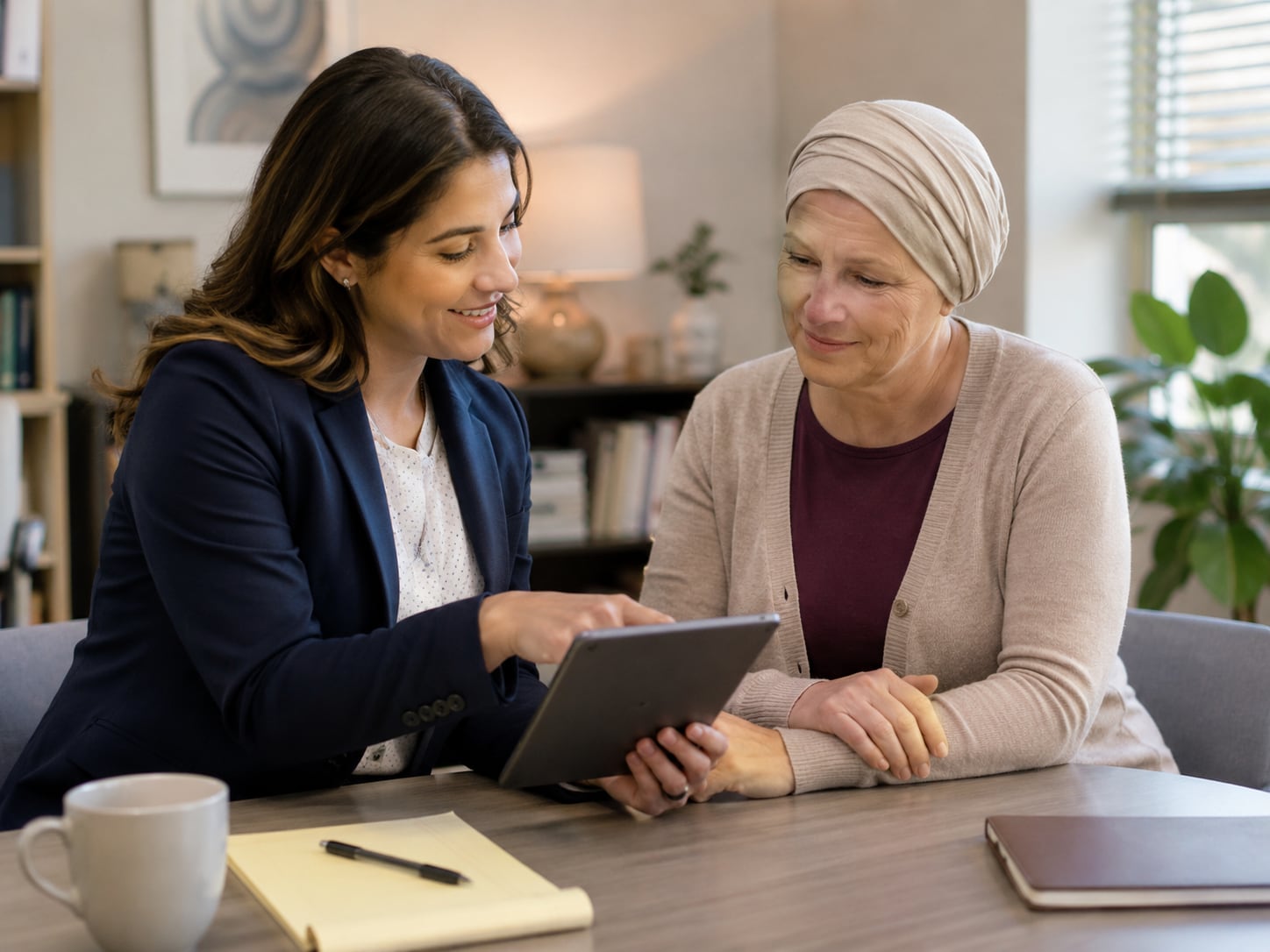 A female doctor and an older woman in headscarf review a tablet together in a clinic
