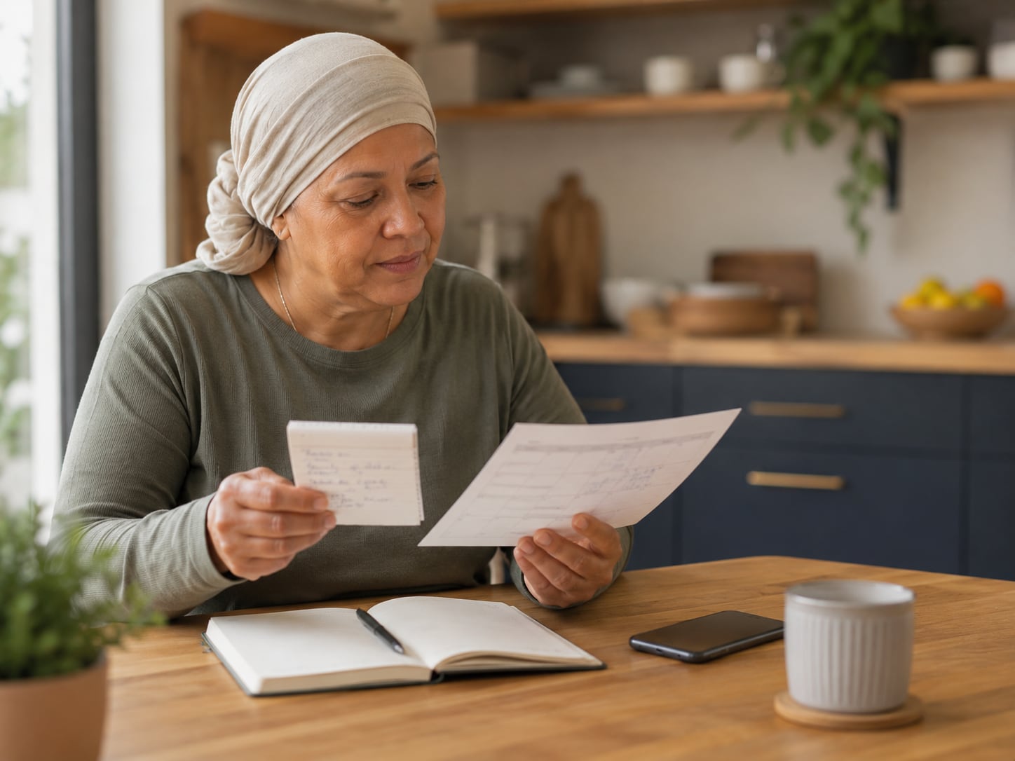 A woman in headscarf reads a letter or document at her kitchen at home
