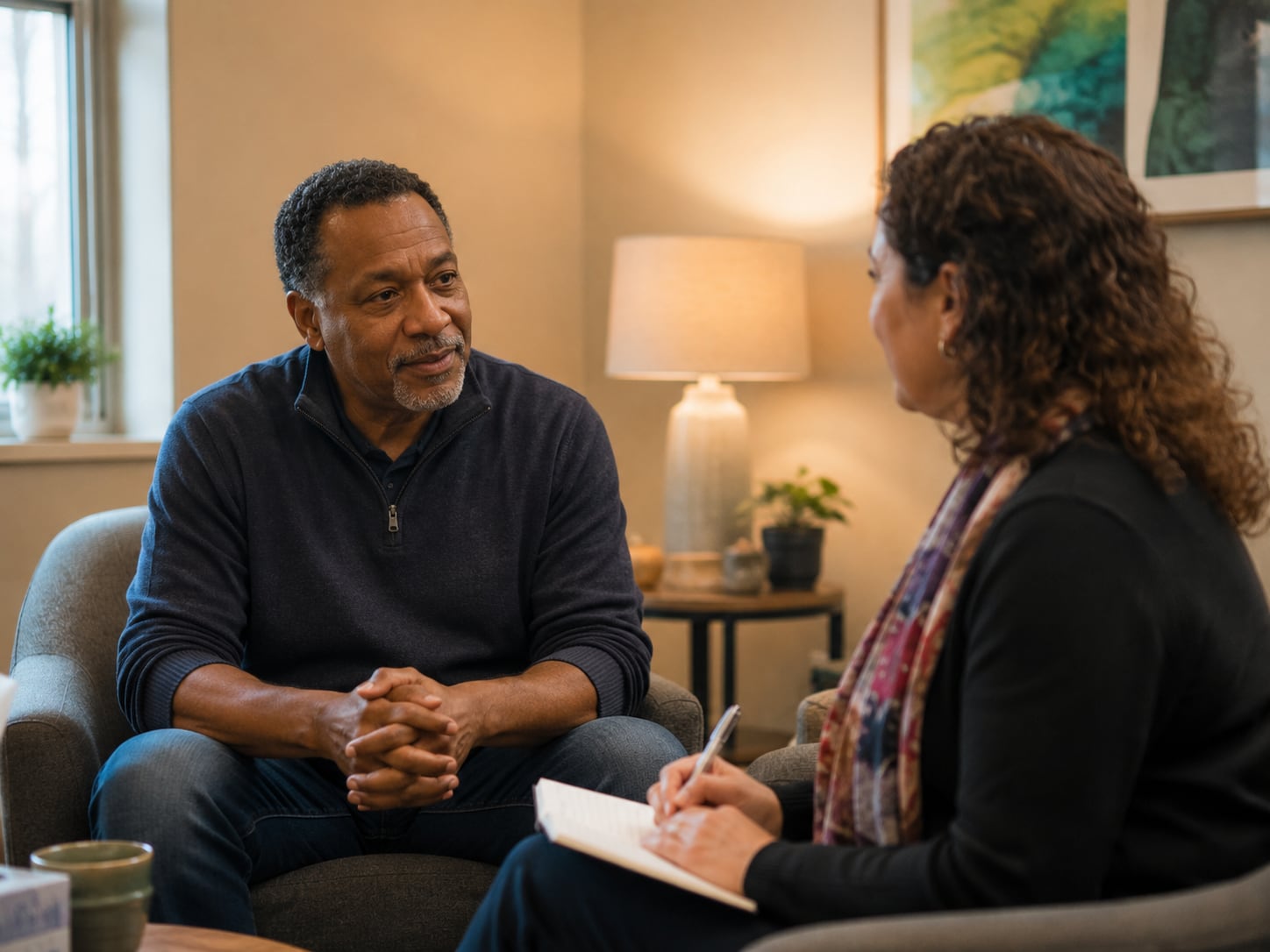 An older Black man talks with a woman in a cozy, lamp-lit living room