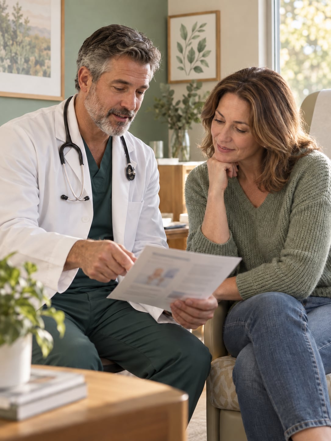 A doctor in a white coat with a stethoscope shows a woman a surgery information sheet during a consultation