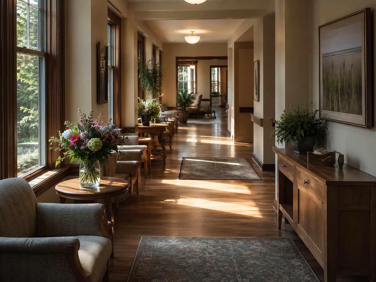A softly lit corridor with wooden floors, armchairs and a vase of fresh flowers, more domestic than clinical