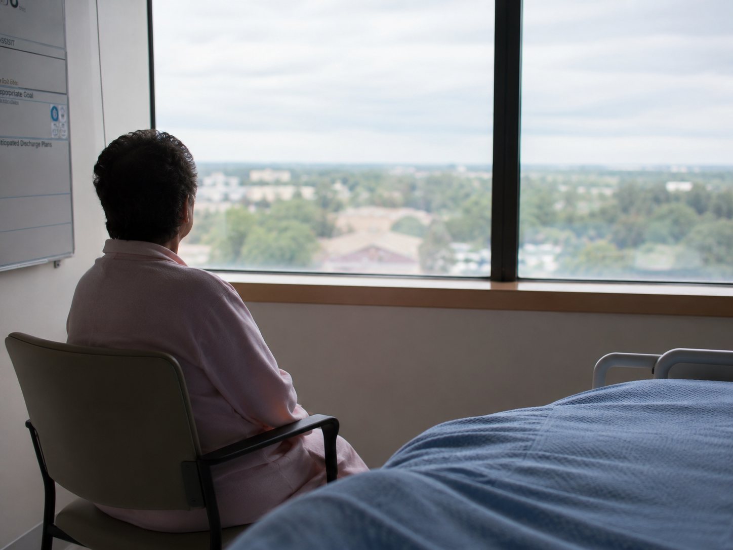 A patient sits in a chair looking out over a wide view from a hospital window, the foot of the bed in the foreground