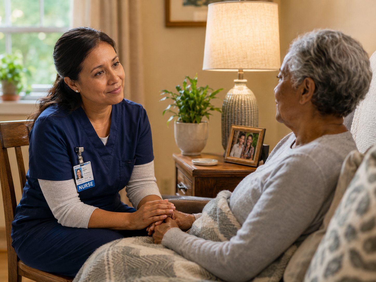 A nurse in scrubs sits beside an older woman on a sofa at home, both turned toward each other mid-conversation