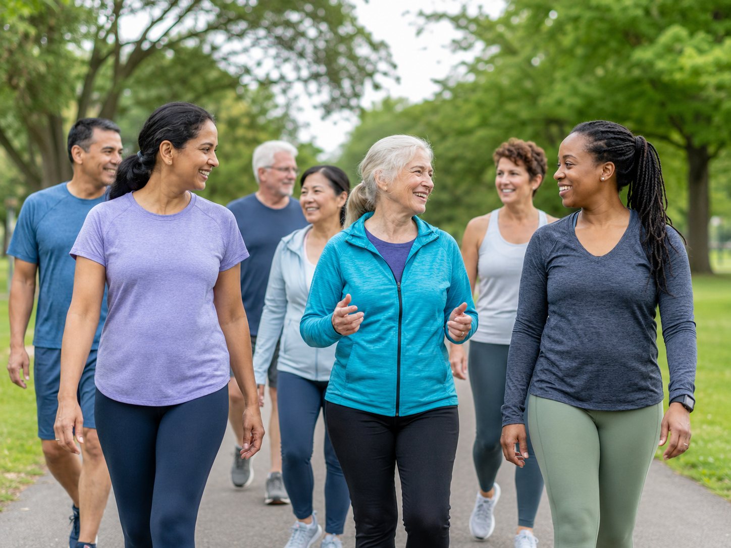 Diverse group of adults in activewear walk and chat together along a tree-lined paved park path.
