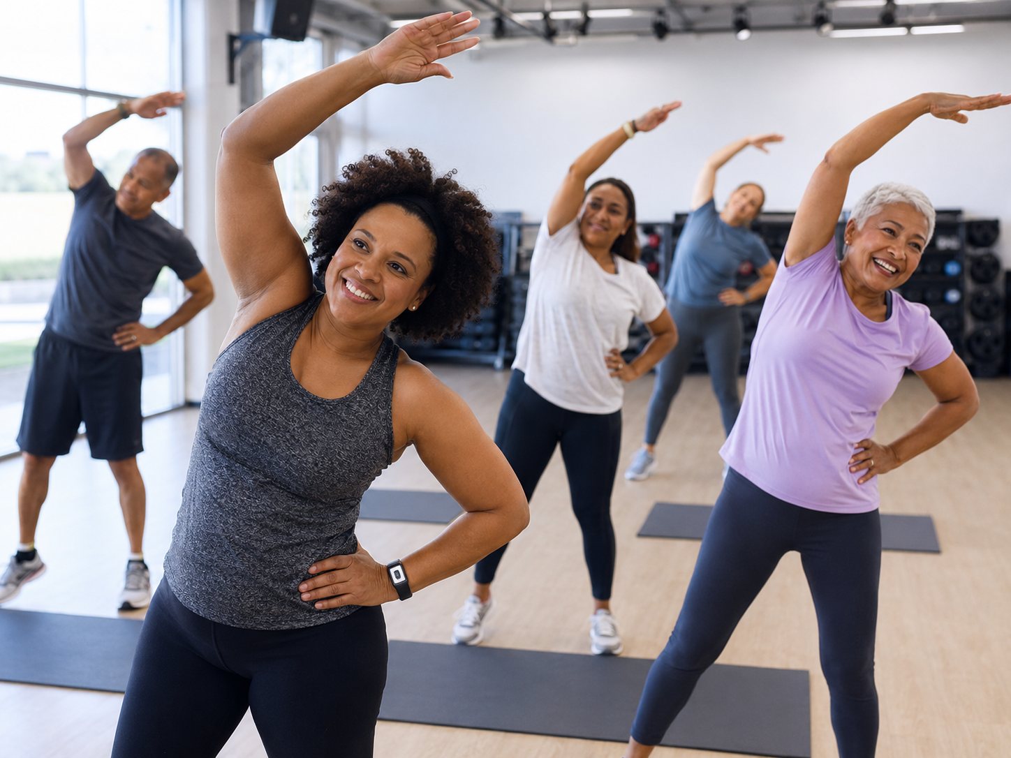 Five adults of mixed ages do standing side stretches on mats in a bright fitness studio.